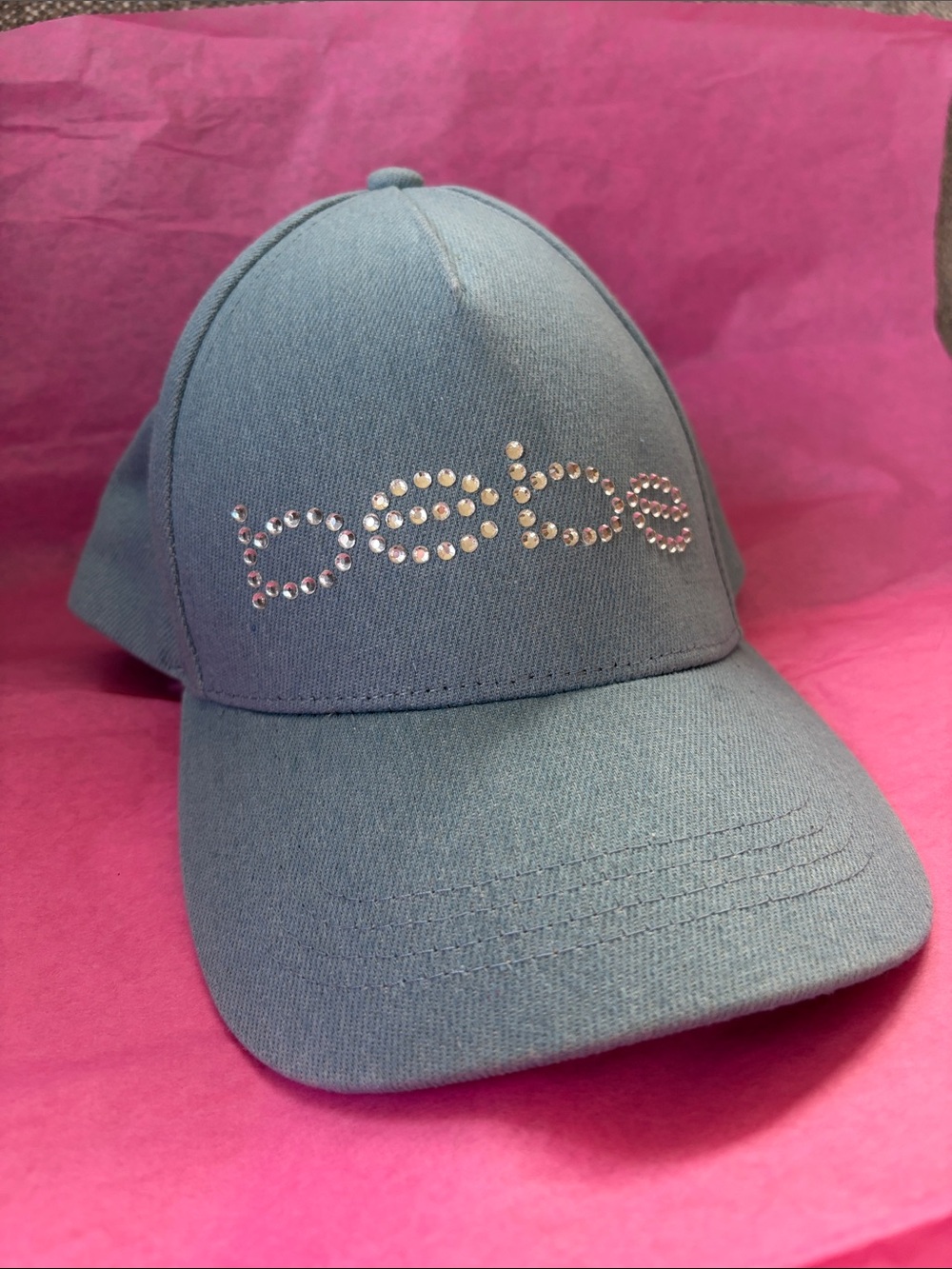 bebe Light Blue Rhinestone Logo Baseball Cap